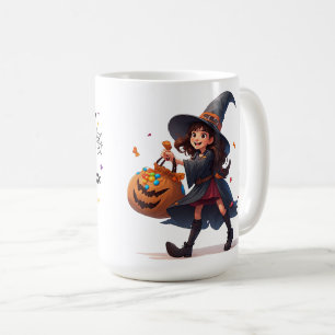 Taza De Café Bruja Pequeña Llevando Calabaza De Caramelo Para H
