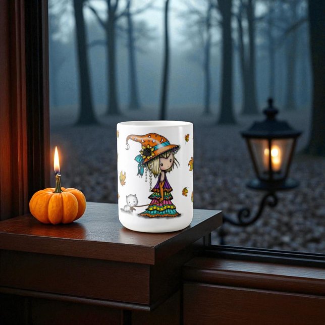 Taza De Café Bruja y gatito de Halloween con hojas de otoño (Subido por el creador)