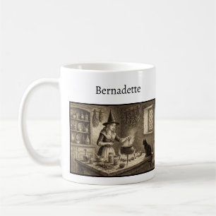 Taza De Café Bruja y gato negro haciendo poción Nombre personal