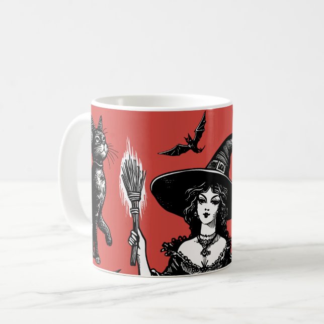 Taza De Café Bruja y gato negro Ilustracion de brujería (Anverso izquierdo)