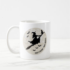 Taza De Café bruja y gato volando en una escoba