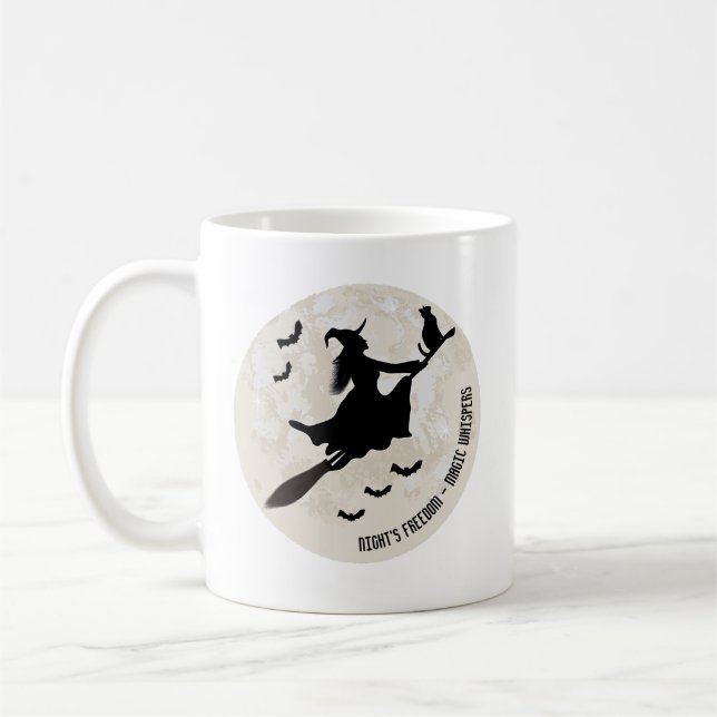 Taza De Café bruja y gato volando en una escoba (Izquierda)