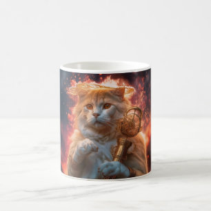 Taza De Café Brujo Gato Con Bastón Mágico Entre Llamas