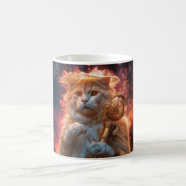 Taza De Café Brujo Gato Con Bastón Mágico Entre Llamas (Centro)
