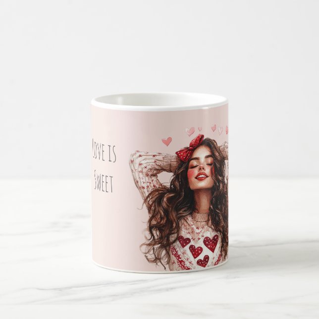 Taza De Café Brunette Girl Red Hearts Valentine's Day Love (Centro)
