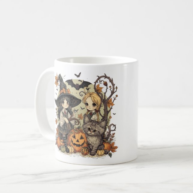 Taza De Café Bruxinhas Kawaii com Gatinho e Abóboras  (Anverso izquierdo)
