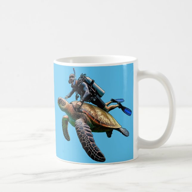 Taza De Café Buceo Scuba nadando con una gran tortuga URM (Derecha)