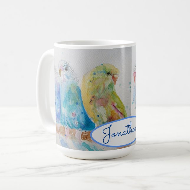 Taza De Café Budgies Three Sitting on Branch Blue Mug (Anverso izquierdo)