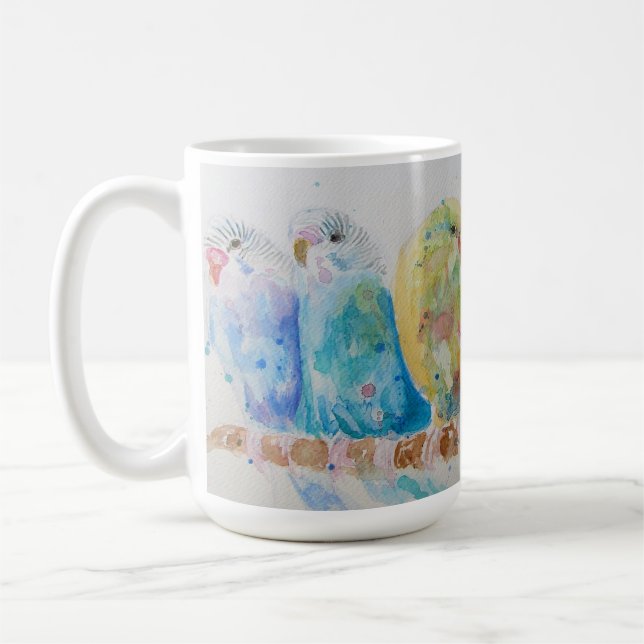 Taza De Café Budgies Three Sitting on Branch Blue Mug (Izquierda)