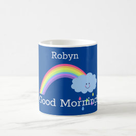 Taza De Café Buenos días arco iris, sonriendo, en azul, tu nomb