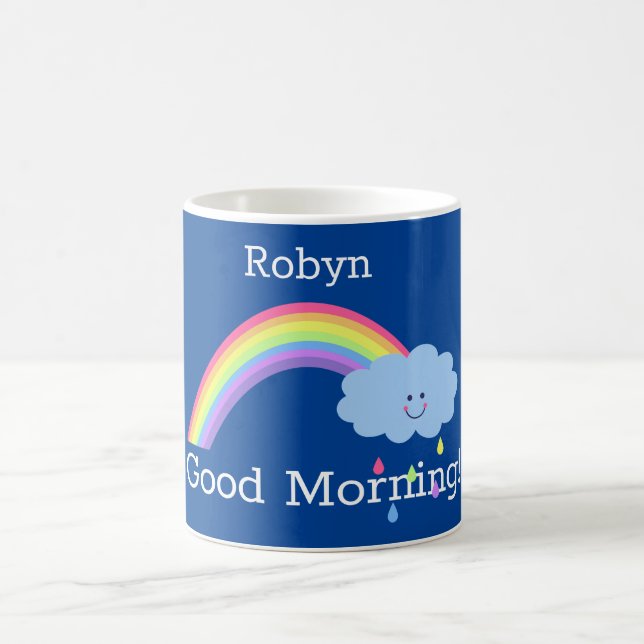 Taza De Café Buenos días arco iris, sonriendo, en azul, tu nomb (Centro)