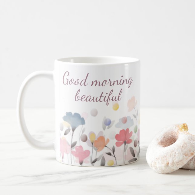 Taza De Café Buenos días hermosas flores de arte acuarela (Con donut)