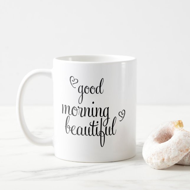 Taza De Café Buenos días preciosa tipografía con corazones (Con donut)