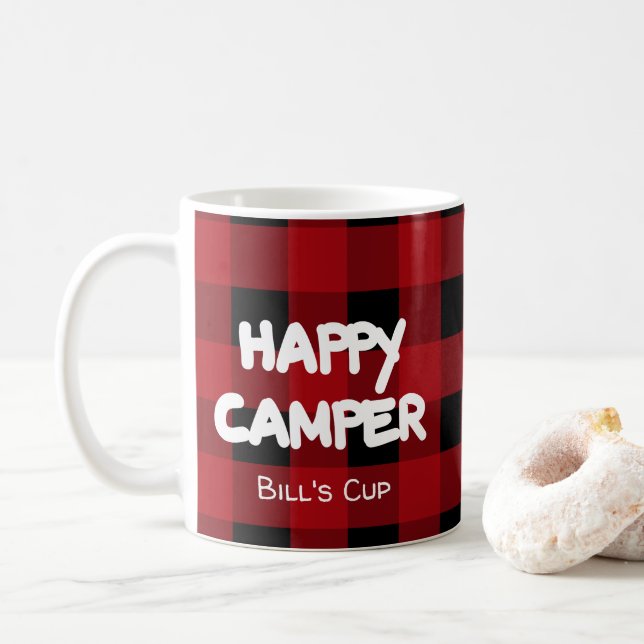 Taza De Café Búfalo negro y rojo rústico en un camper feliz (Con donut)