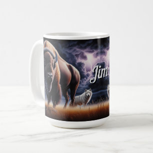 Taza De Café Búfalo y lobo en una tormenta con relámpagos