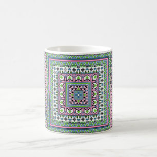 Taza De Café Bufanda étnica ornamental cuadrada azul y verde
