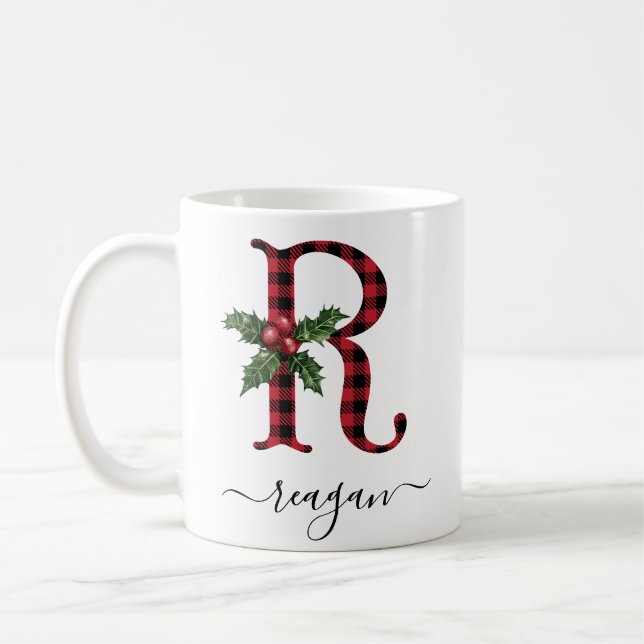 Taza De Café Buffalo Plaid R Monograma Navidades Coffee Mug (Izquierda)
