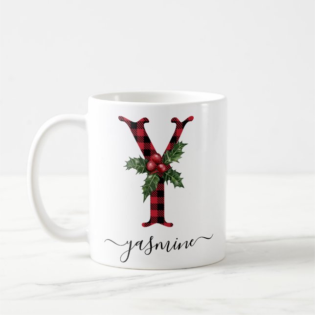 Taza De Café Buffalo Plaid Y Monograma Navidades Coffee Mug (Izquierda)