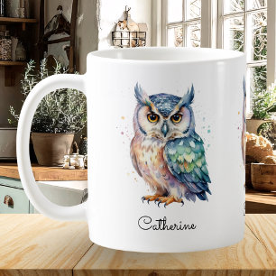 Taza De Café Búho Acuarela Moderna con Nombre Personalizado