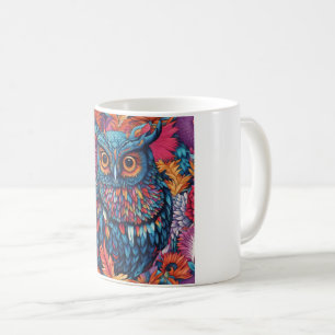Taza De Café Búho Art Dibujo búho azul y flores rosadas