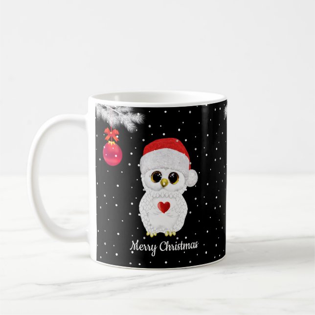 Taza De Café Búho de Navidad Blanco sobre Negro (Izquierda)