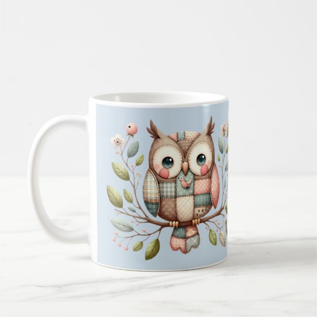 Taza De Café Búho de patchwork en bosque caprichoso (Izquierda)