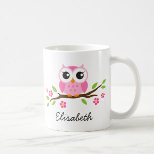 Taza De Café Búho en rama con flores rosas nombre personalizado