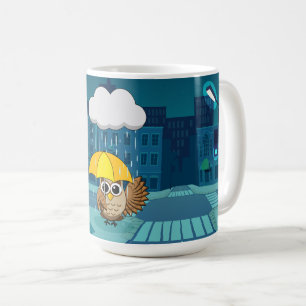 Taza De Café Búho lindo con paraguas en el día de lluvias
