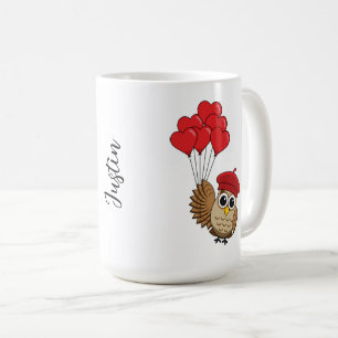 Taza De Café Búho lindo volando con globos cardíacos Añadir n