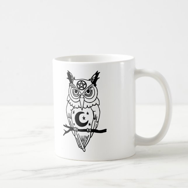 Taza De Café Búho pagano con el pentáculo y la luna (Derecha)