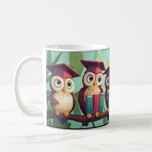 Taza De Café Búhos antropomórficos con gorras de graduación sen