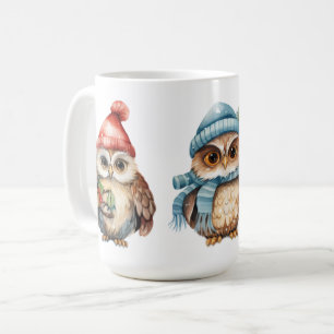 Taza De Café Búhos de invierno festivos Rojo azul Búhos Rojos