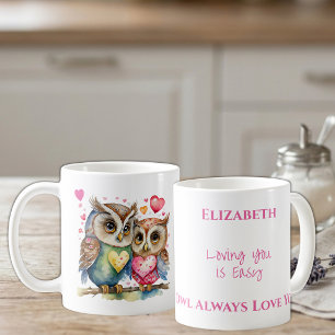 Taza De Café Búhos lindos que te aman nombre personalizado rosa