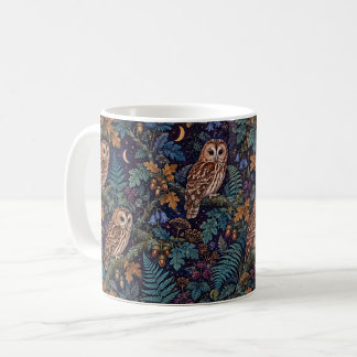 Taza De Café Búhos Pardos con Hojas de Roble y Lunas Crecientes