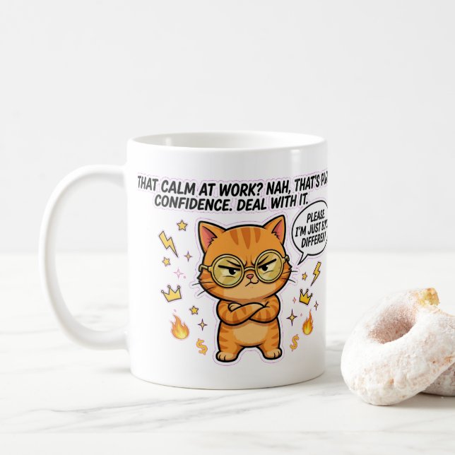 Taza De Café Built Different Confident Cat Funny Mug (Con donut)