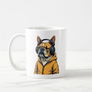 Taza De Café Bulldog Antiguo con Auriculares que Lleva Sudadera