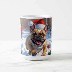 Taza De Café Bulldog Francés corriendo en la nieve con sombrero