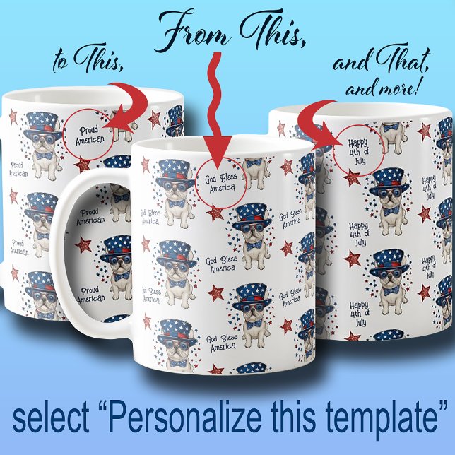 Taza De Café Bulldog francés Whimsical Red White Blue Patriótic (French Bulldog Whimsical Red White Blue Patriotic Coffee Mug)