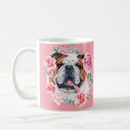 Taza De Café Bulldog ilustracion acuarela rosa arte floral