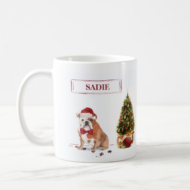 Taza De Café Bulldog inglés Navidades graciosos perro con árbol (Izquierda)