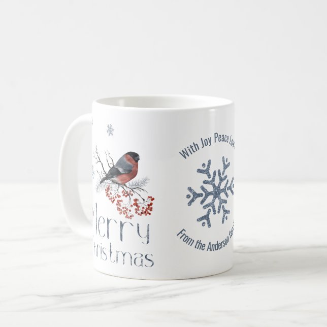 Taza De Café Bullfinch Bird Red Berries Feliz Navidad (Anverso izquierdo)