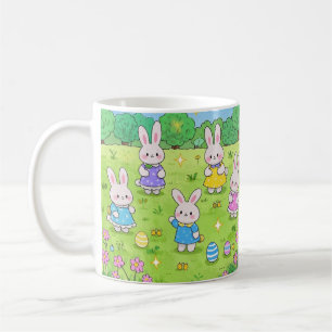 Taza De Café Bunnies de Pascua escondiendo huevos en un jardín