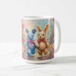 Taza De Café Bunnies finos en un jardín pastel