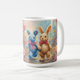 Taza De Café Bunnies finos en un jardín pastel