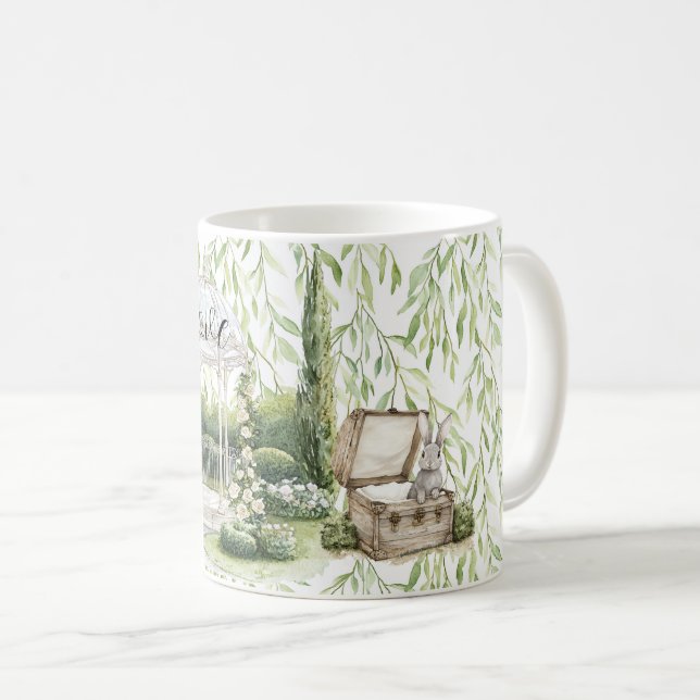 Taza De Café Bunny in Chest Green Leaves Floral (Anverso derecho)