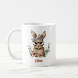 Taza De Café Bunny With Glasses Flores Crown acuarela Design
