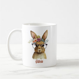 Taza De Café Bunny With Glasses Flores Crown acuarela Design
