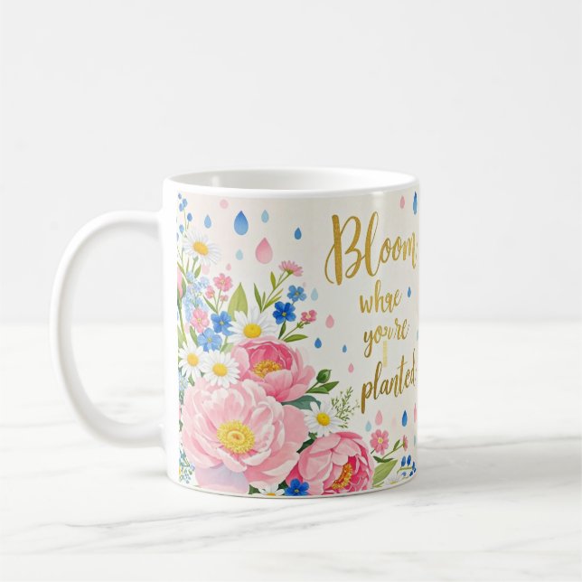 Taza De Café Buquet de acuarela vibrante de peonías, daisias (Izquierda)