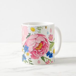 Taza De Café Buquet de acuarela vibrante de peonías, daisias