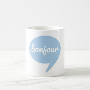 Taza De Café burbuja azul del discurso del bonjour, arte